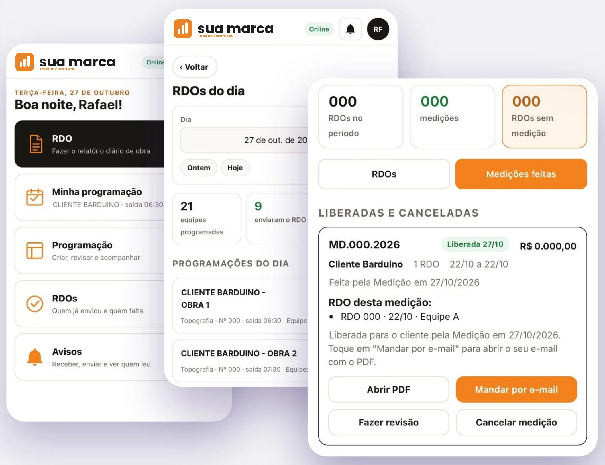 Telas reais do app de campo do cliente: RDO, programação e medição