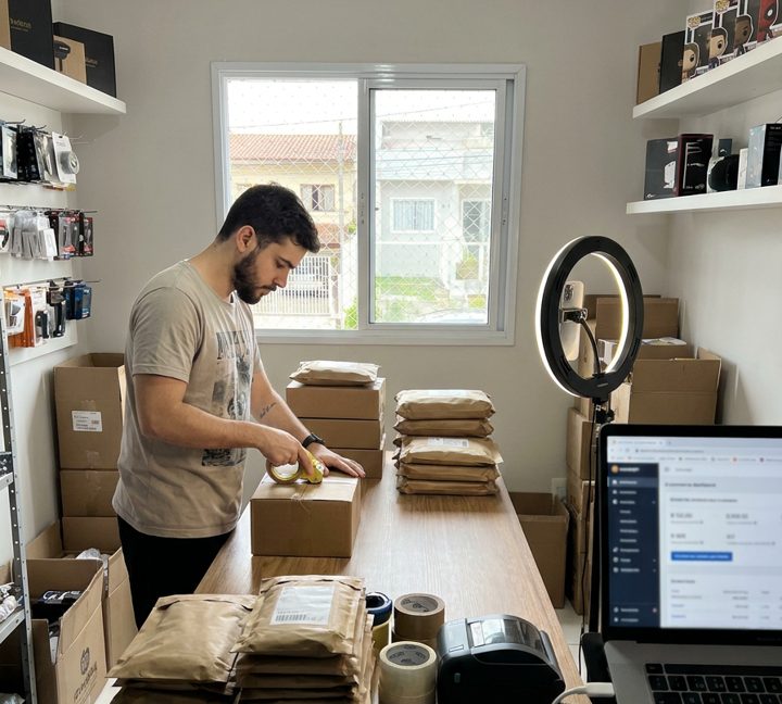 Vendedor online embalando pedidos