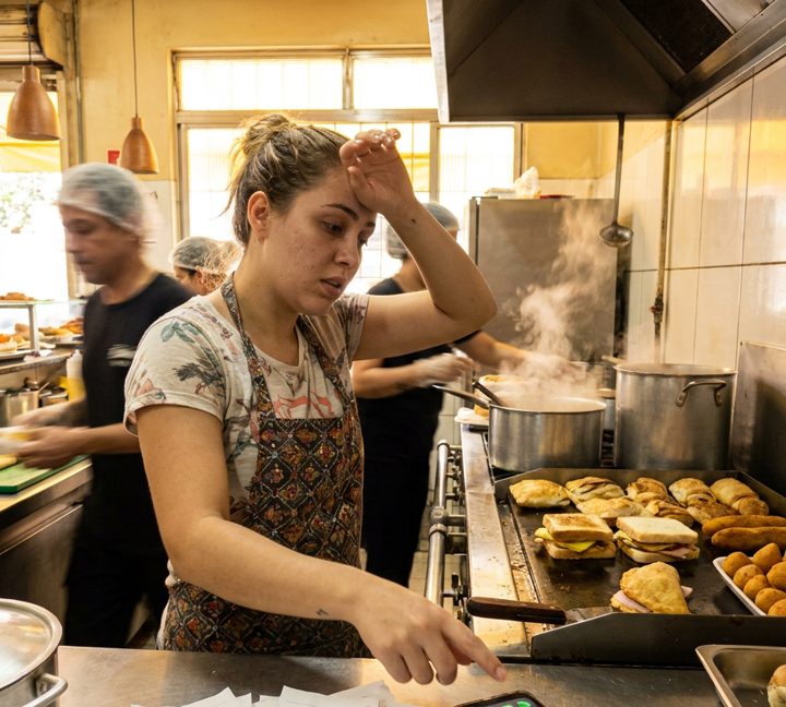 Cozinha de lanchonete no horário de pico