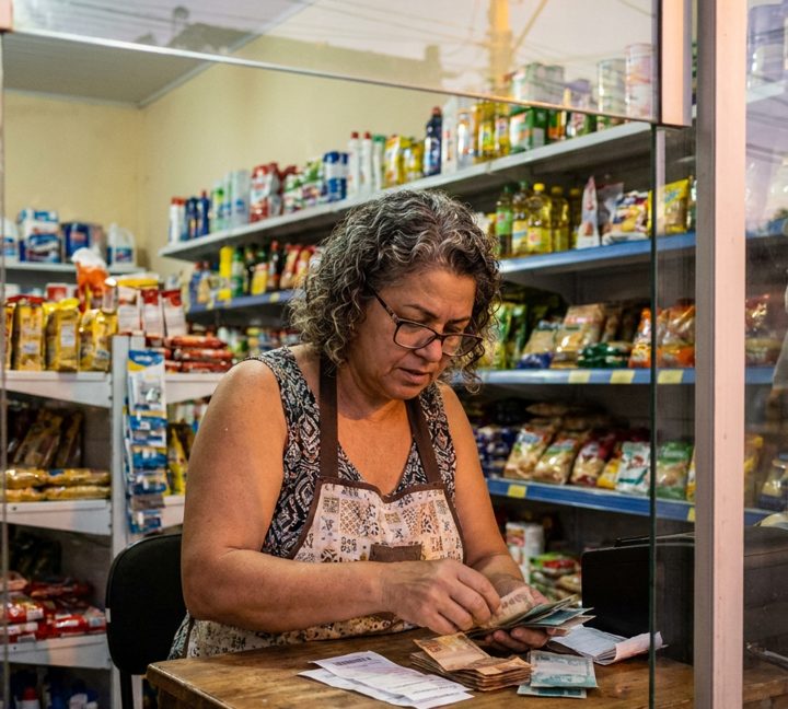 Dona de mercadinho fechando o caixa