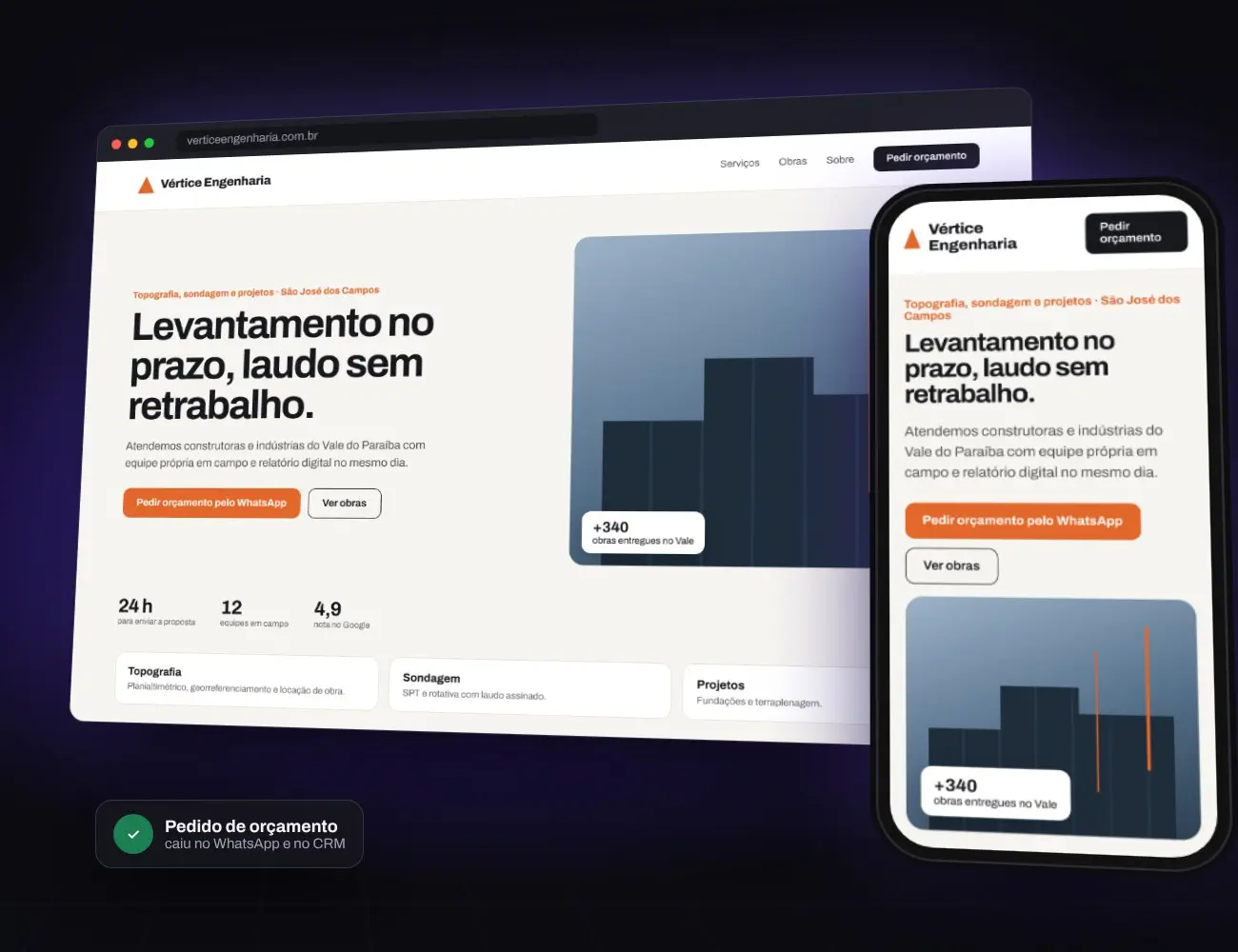 Exemplo de site de empresa de engenharia com botão de orçamento